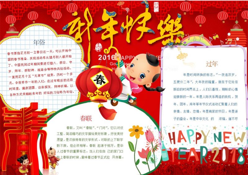 喜庆卡通新年快乐手抄报Word模板-办公资源网