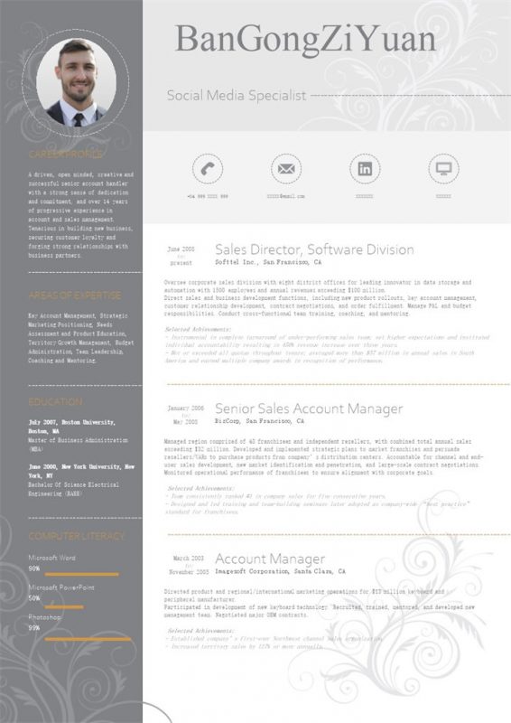 精致时尚社交媒体专员个人简历英文版Word模板-办公资源网