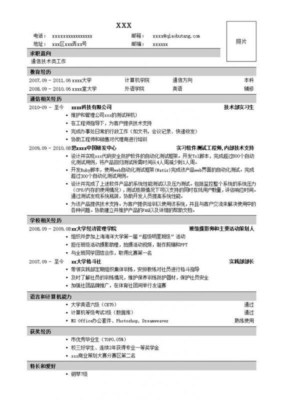通信类岗位简历通用模板word模板-办公资源网