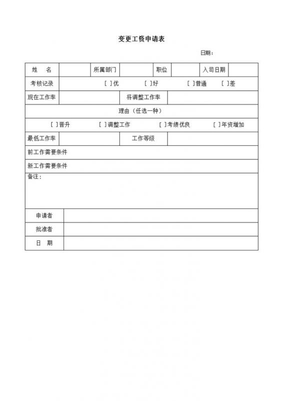 某大型公司员工变更工资申请表Word模板-办公资源网