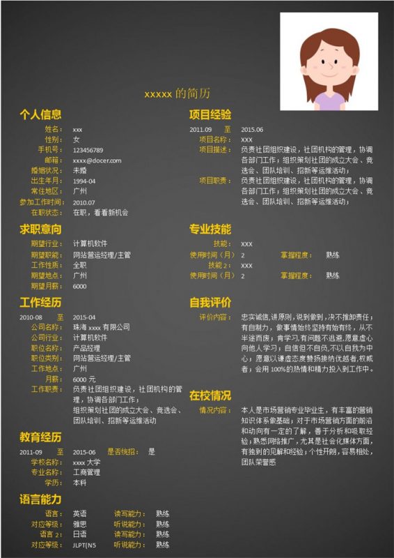 黑色简洁商务风网站运营求职简历Word模板-办公资源网