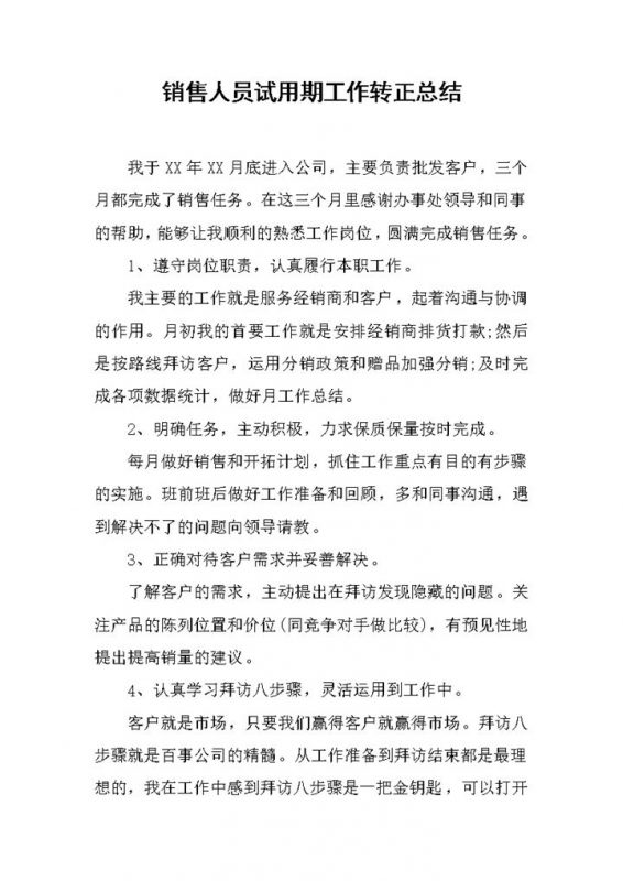 简洁通用销售人员试用期工作转正总结年终总结Word模板-办公资源网