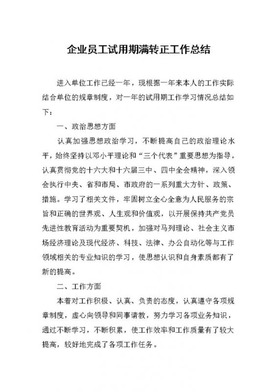 企业员工试用期满转正工作总结报告Word模板-办公资源网