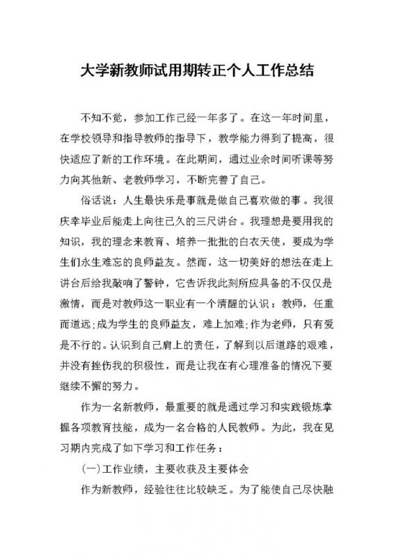 大学新教师试用期转正个人工作总结汇报Word模板-办公资源网