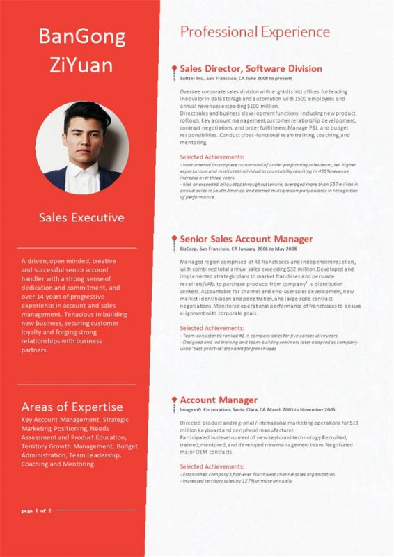 大气销售人员个人求职简历英文版Word模板-办公资源网