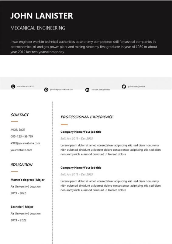 黑色外企机械工程师求职通用英文简历Word模板-办公资源网