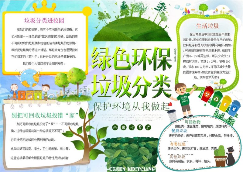 绿色卡通绿色环保垃圾分类手抄报Word模板-办公资源网