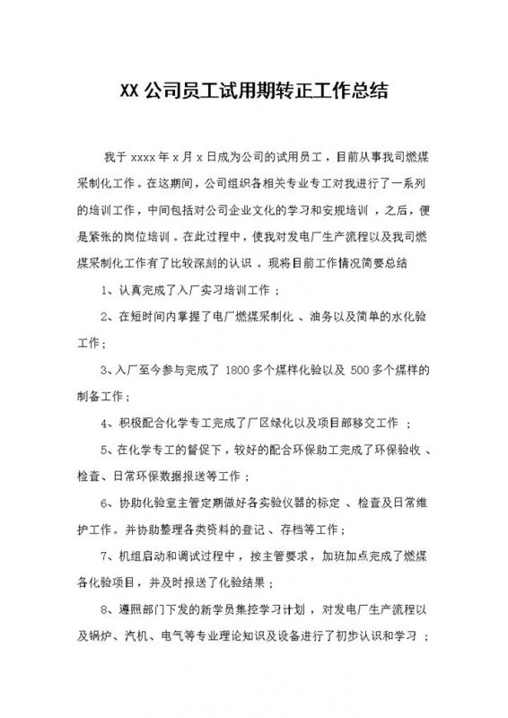20XX新版公司员工试用期转正工作总结范本Word模板-办公资源网