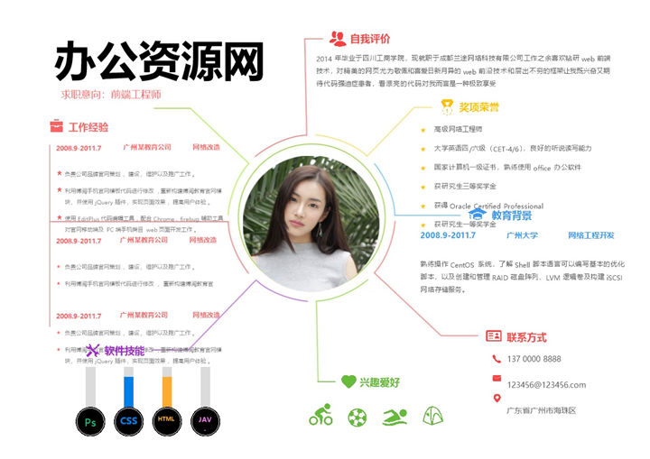 白色简洁风前端工程师个人简历Word模板-办公资源网