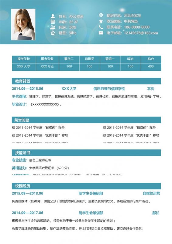 青色清新简洁研究生个人复试简历Word模板-办公资源网