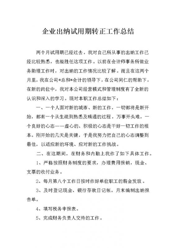 企业出纳部门员工试用期转正工作总结报告Word模板-办公资源网