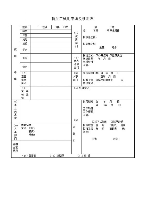 新员工试用申请核定表word模板-办公资源网