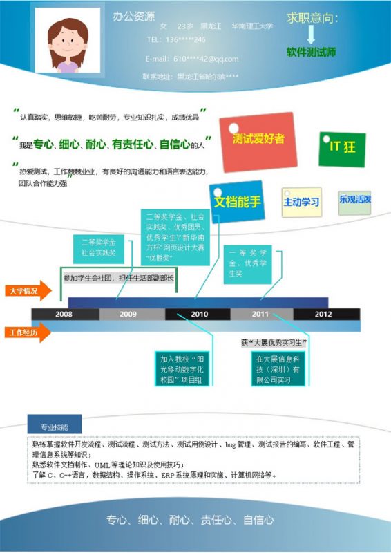 丰富多彩求职应聘软件测试师个人简历word模板-办公资源网