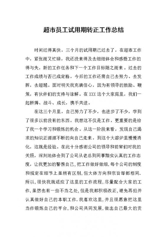 全面实用超市员工试用期年终转正工作总结Word模板-办公资源网