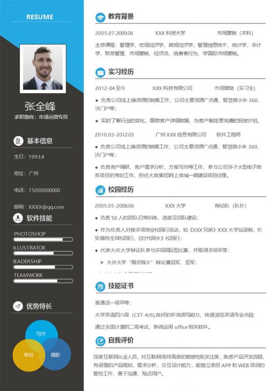活泼大气市场运营专员个人求职简历Word模板-办公资源网