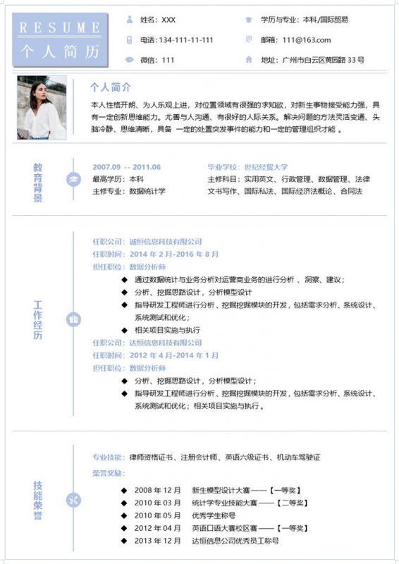 蓝色简约数据分析师应聘个人简历Word模板-办公资源网