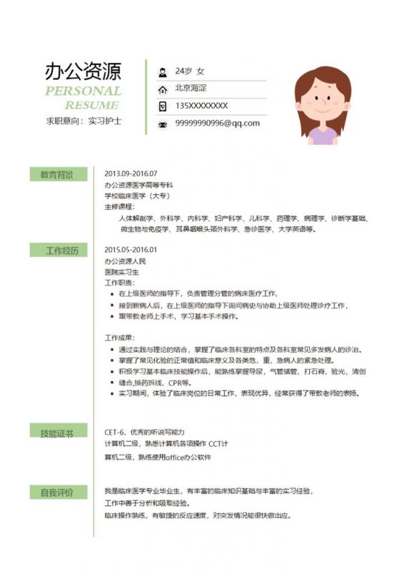 简约风绿色实习护士简历Word简历模板-办公资源网