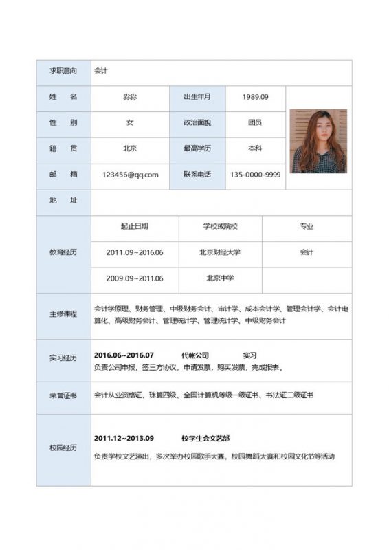 简约会计岗位应聘简历表格Word模板-办公资源网