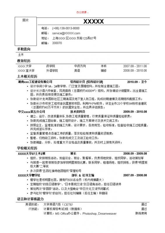 土木类专业市场招聘简历求职简历Word模板-办公资源网