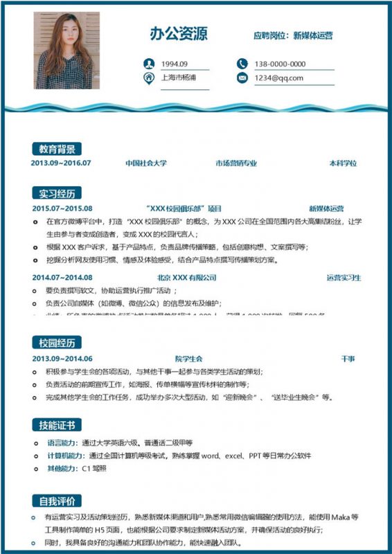 新媒体运营类工作通用岗位求职简历Word模板-办公资源网