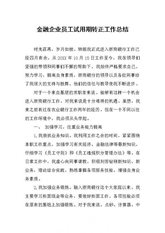 金融企业员工试用期转正工作总结报告Word模板-办公资源网