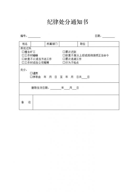 企业公司人事行政部门通用纪律处分通知书Word模板-办公资源网
