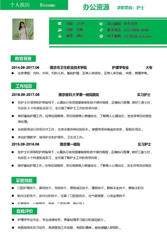 绿色简洁护士个人求职应聘简历Word模板-办公资源网