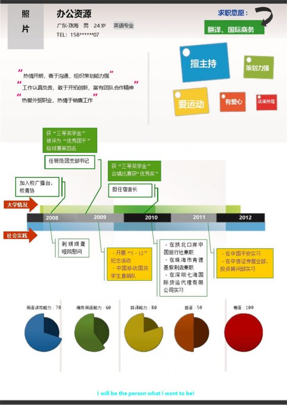 多彩方框应届生简历求职翻译word简历模板-办公资源网