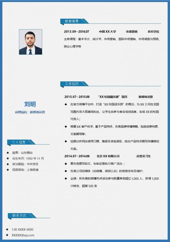 稳重实用新媒体运营岗位个人应聘简历Word模板-办公资源网