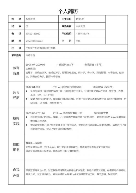 简单表格市场营销销售专员求职简历Word模板-办公资源网