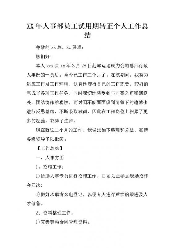 人事部员工试用期转正年终个人工作总结Word模板-办公资源网