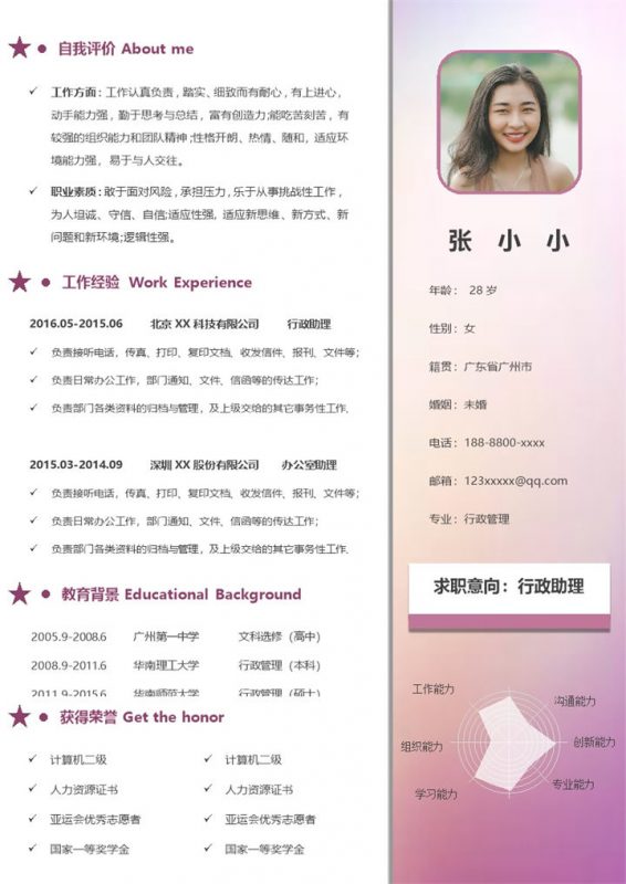 淡紫色行政助理个人求职简历Word模板-办公资源网