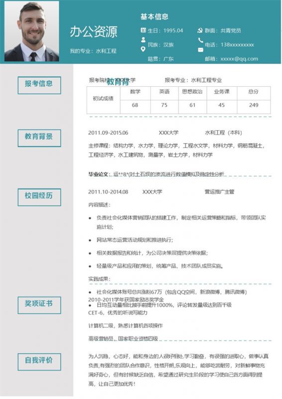 青色简约水利工程专业研究生复试简历Word模板-办公资源网