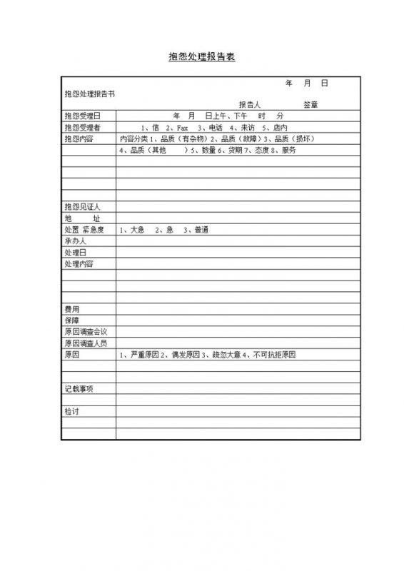 大小型企业员工抱怨处理报告表Word模板 (2)-办公资源网