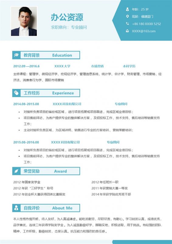 简约清新专业顾问相关工作个人求职应聘简历Word模板-办公资源网
