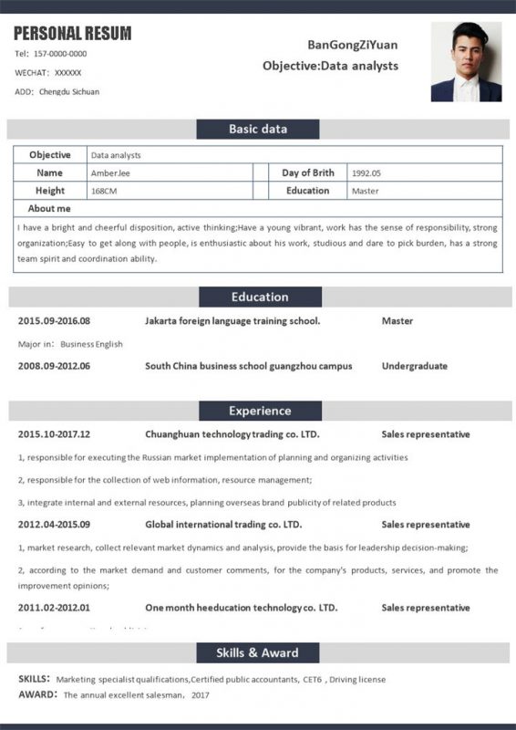 数据分析员英文版个人工作简历Word模板-办公资源网