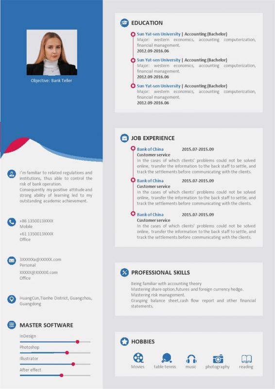 蓝色简约风格银行出纳员岗位个人求职英文简历Word模板-办公资源网