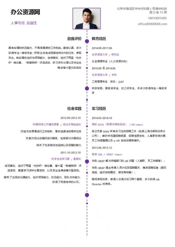 蓝色简约风格人事专员个人求职简历Word模板-办公资源网