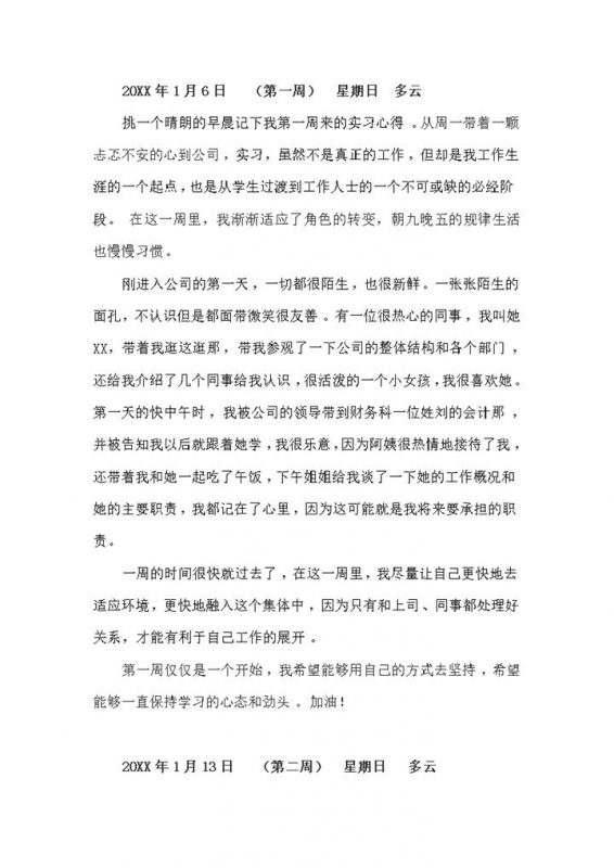 XX公司会计文员岗位实习周记财务专业实习工作日志Word模板-办公资源网