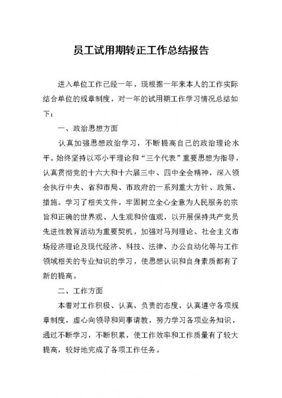 完整通用员工试用期转正年终工作总结报告Word模板-办公资源网