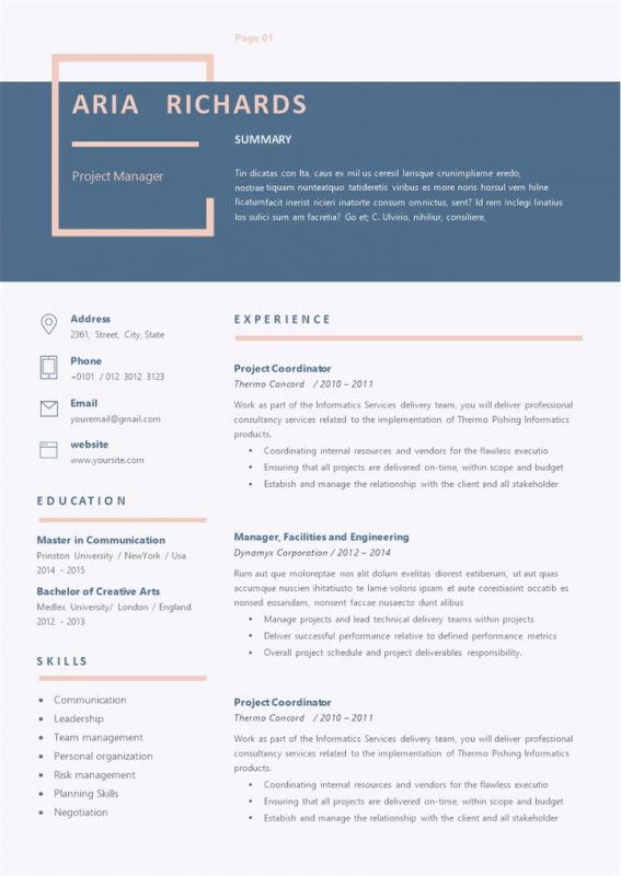 蓝色外企项目管理经理求职通用英文简历Word模板-办公资源网