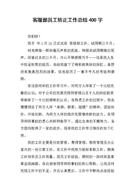 集团企业客服部门员工转正工作总结汇报Word模板-办公资源网