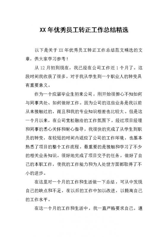 20XX年实用经典风格优秀员工转正工作总结报告Word模板-办公资源网