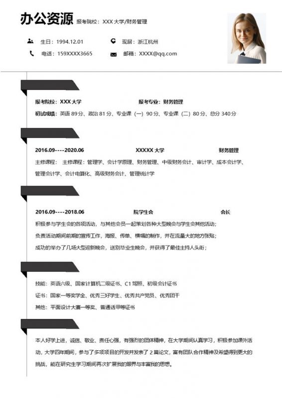 简洁实用财务管理专业研究生个人复试简历Word模板-办公资源网