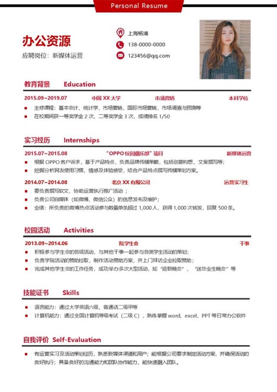 新媒体运营岗位通用求职简历Word模板-办公资源网