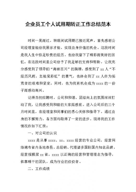 企业员工个人试用期转正工作总结汇报Word模板-办公资源网