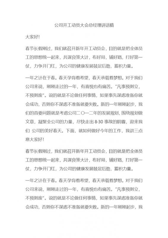公司开工动员大会总经理讲话稿Word模板-办公资源网
