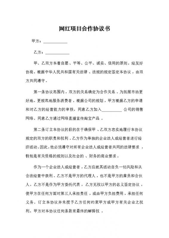 网红项目合作协议书项目合作合同书范本Word模板-办公资源网