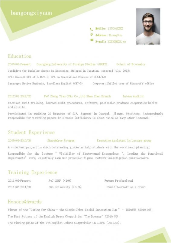 白色商务风格审计员个人求职英文简历Word模板-办公资源网