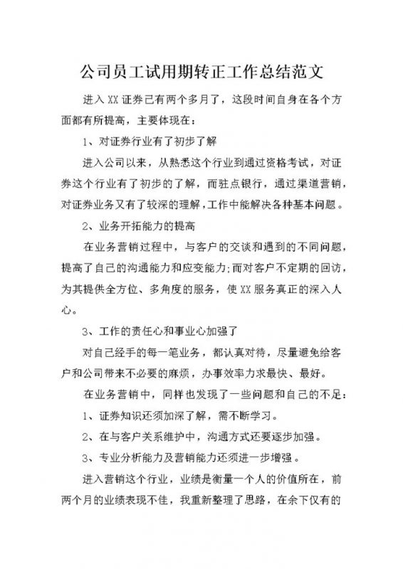 证券公司员工试用期转正个人工作总结范文Word模板-办公资源网